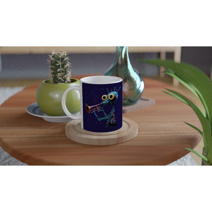 abstract trumpeter print on a navy blue mug