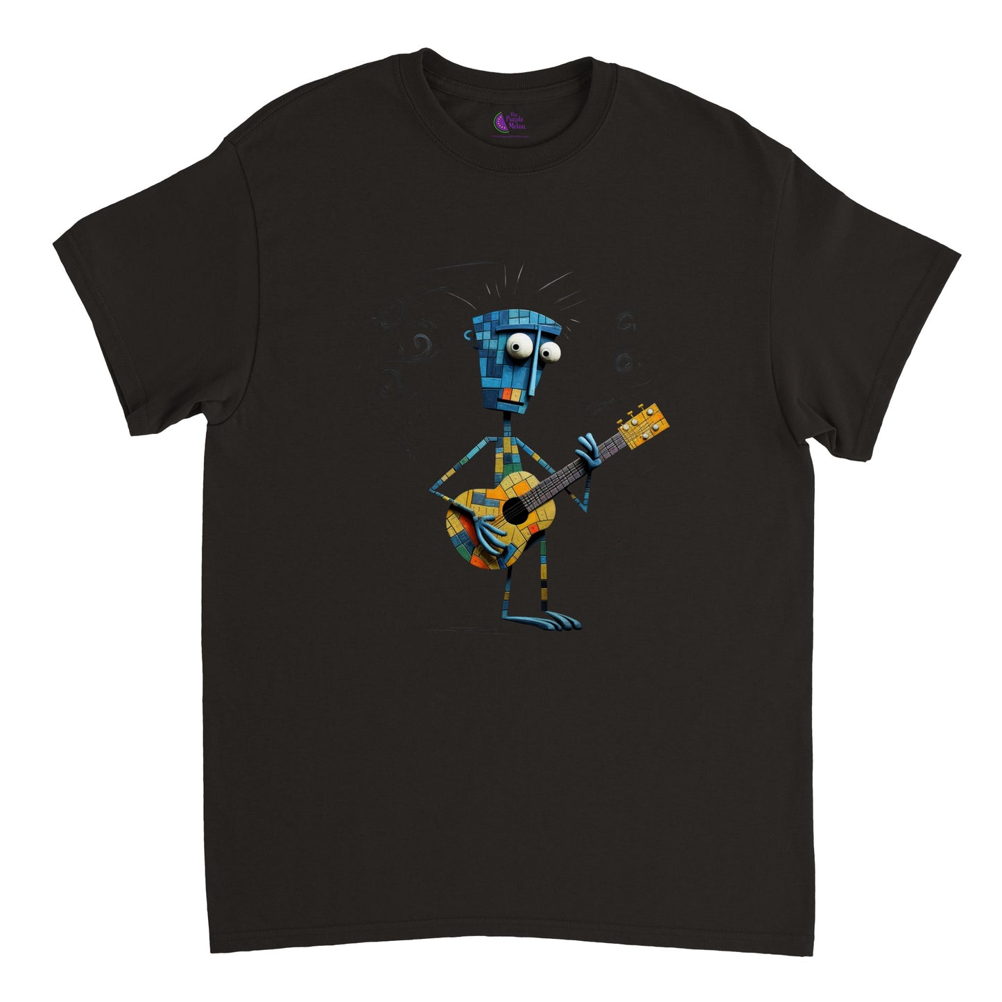 black t-shirt with an abstract character playing guitar print