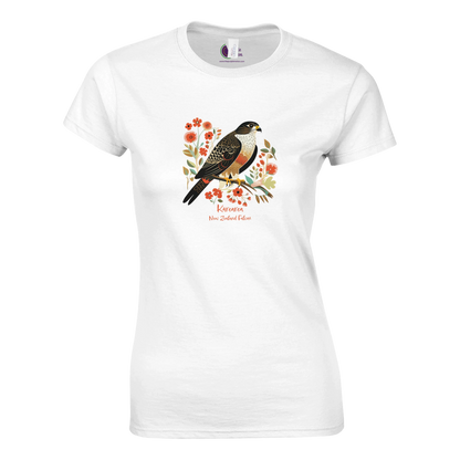 White t-shirt with a Karearea NZ Falcon – 2025 Bird of the Year and floral design on a white background