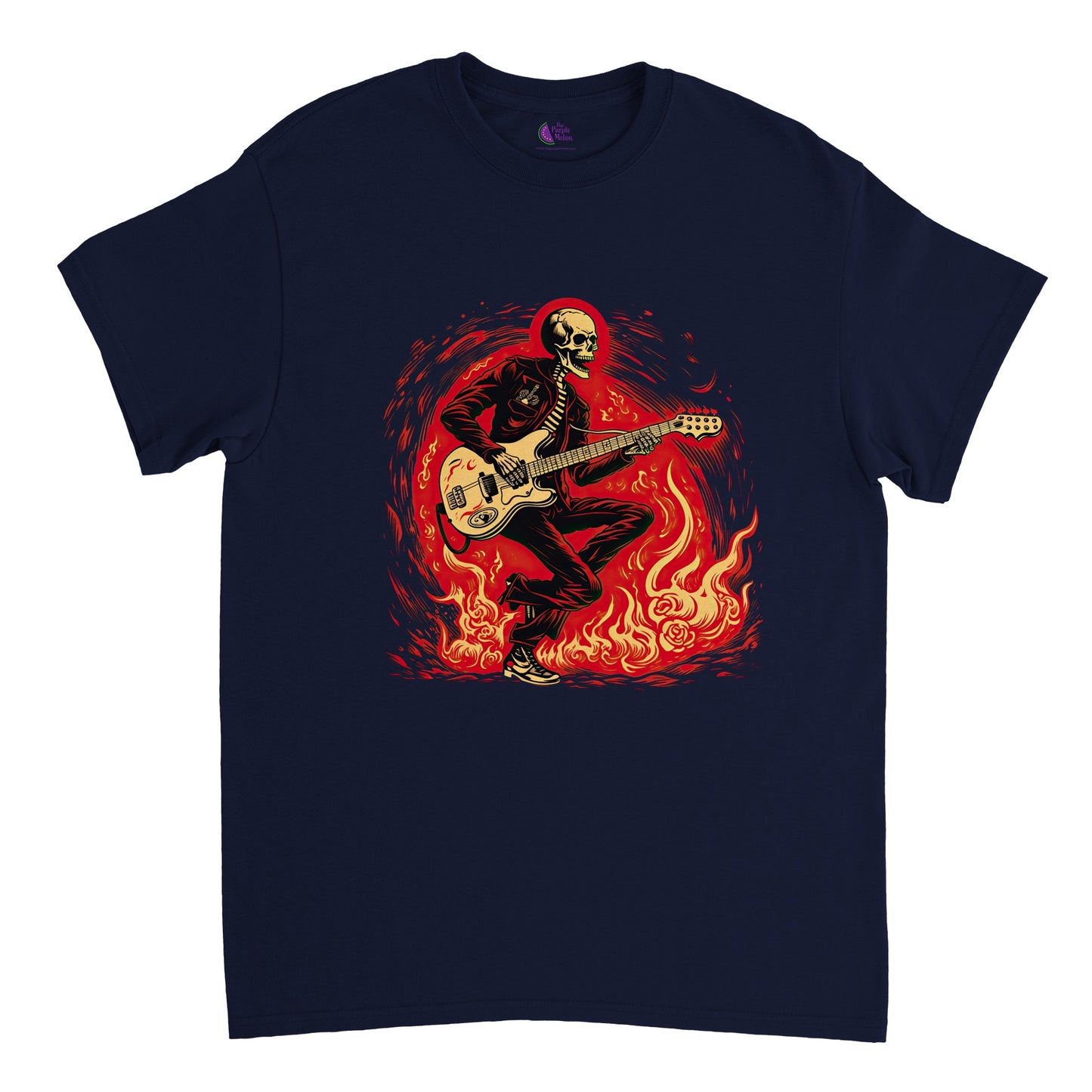 navy blue t-shirt with flaming skeleton guitarist print