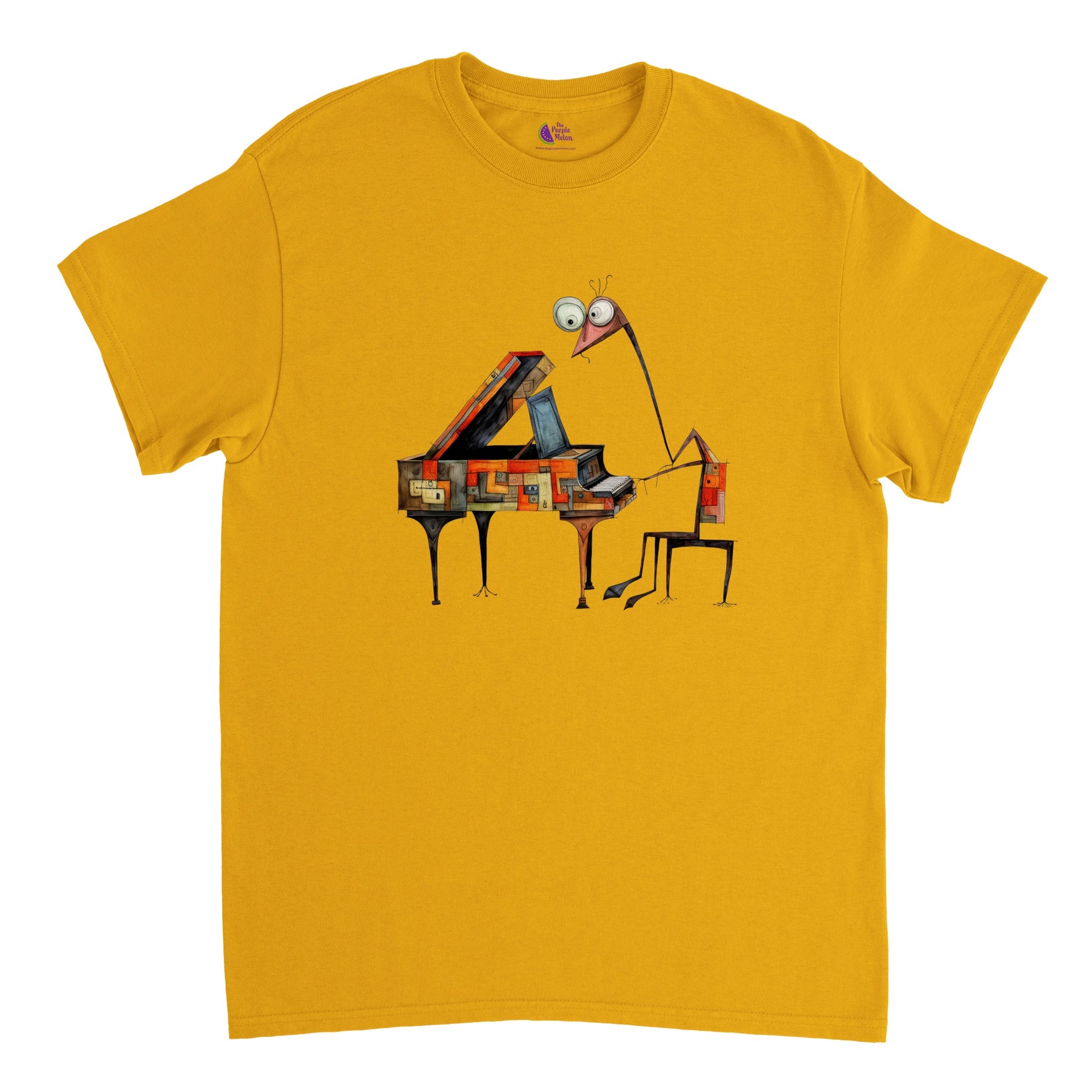 gold t-shirt with an abstract giraffe pianist print