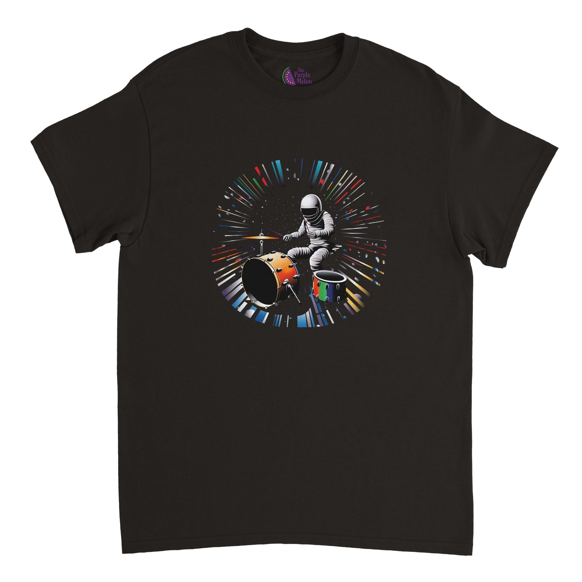black t-shirt with a spaceman playing the drums