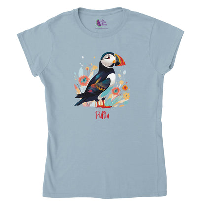 light blue t-shirt with a puffin bird print