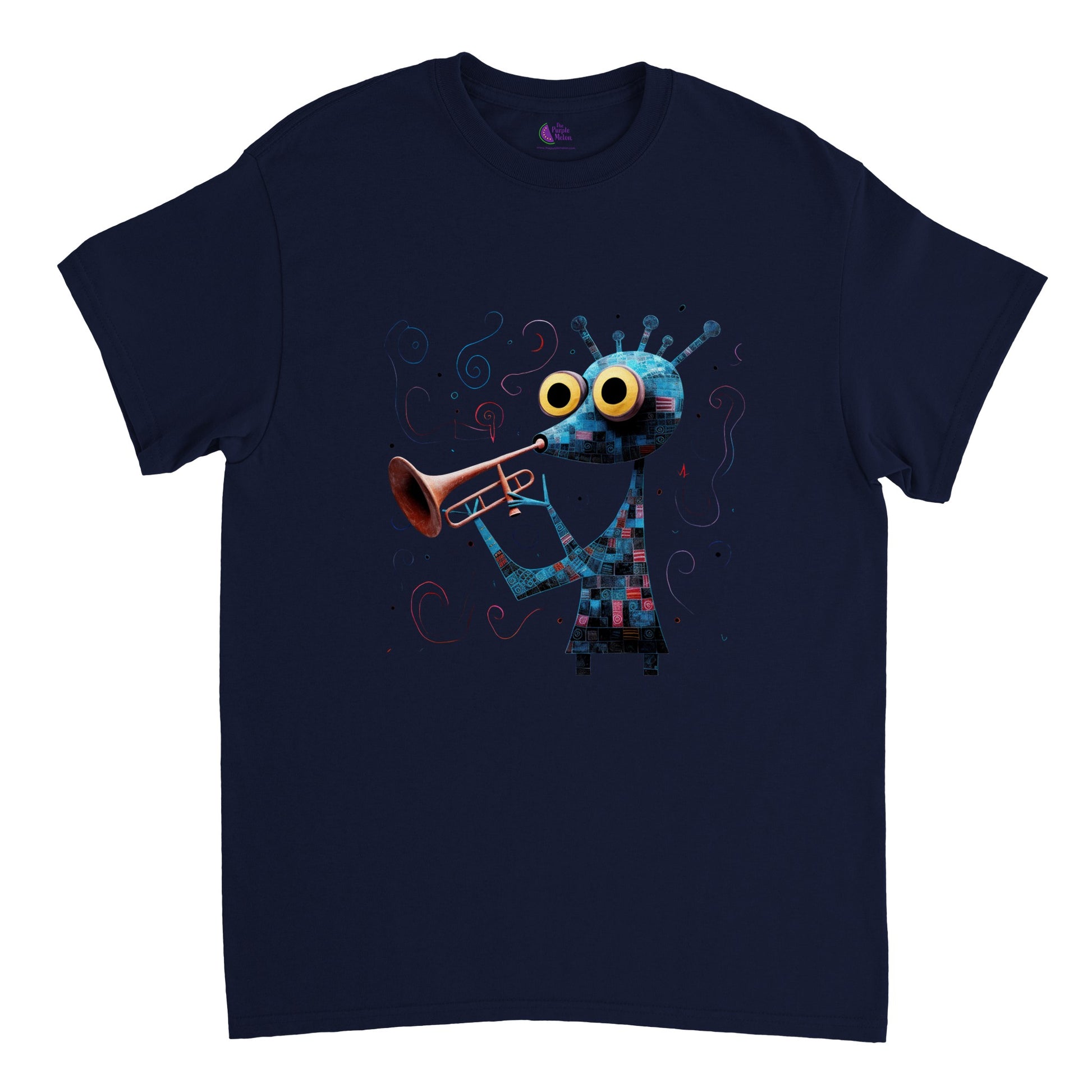 navy blue t-shirt with an abstract trumpet player print