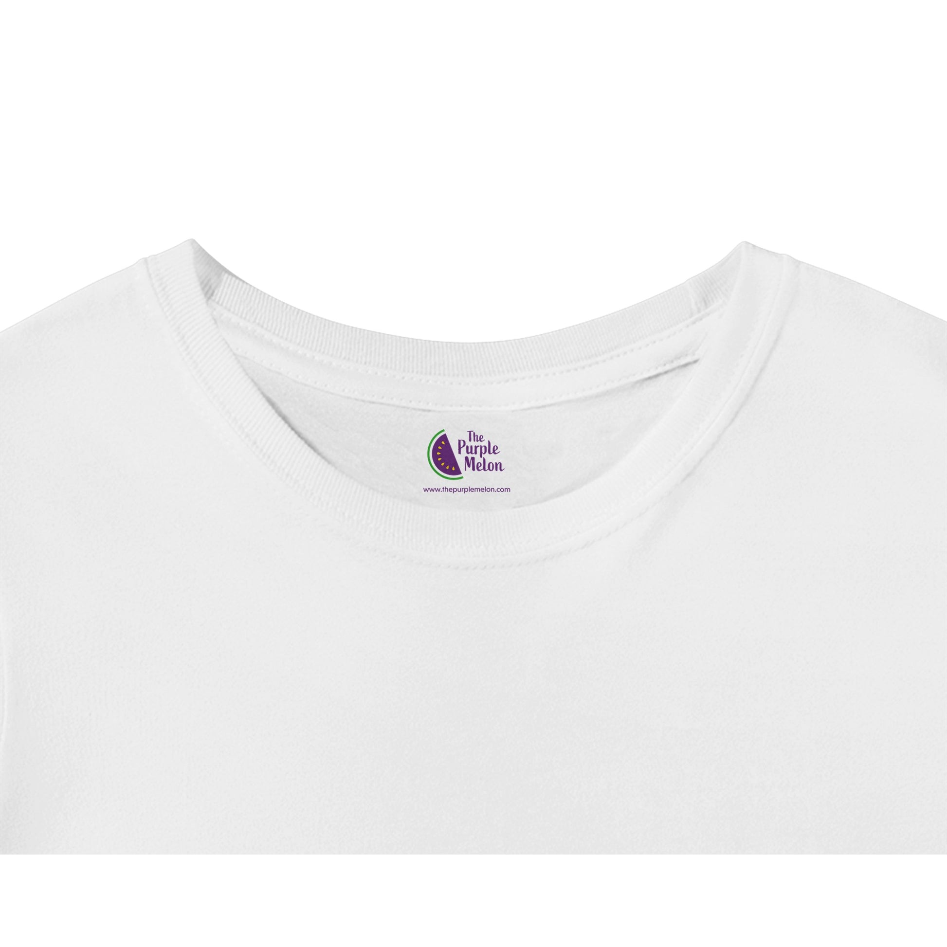 white t-shirt with the purple melon logo neck label