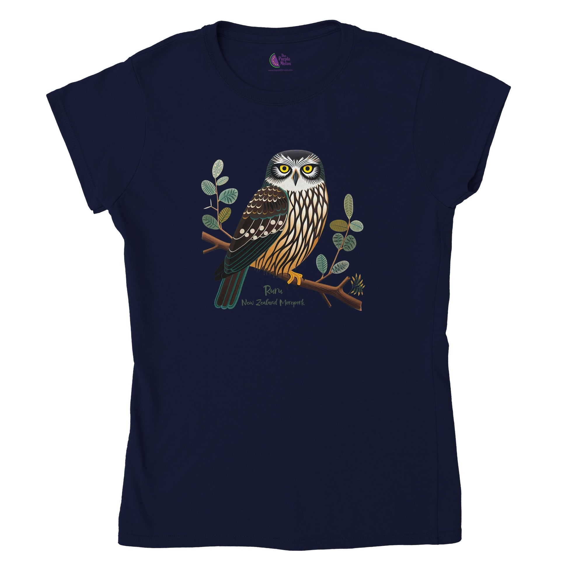 navy blue t-shirt with a New Zealand Ruru Morepork print