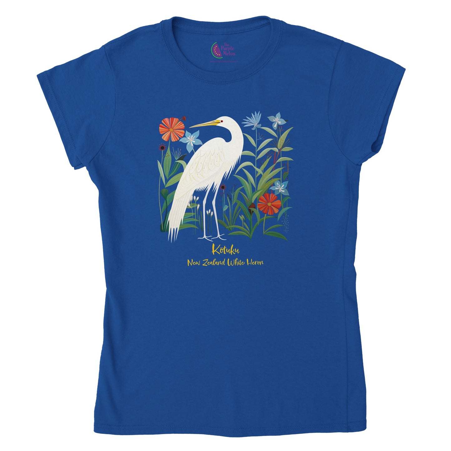 Royal blue t-shirt with a New Zealand Kōtuku white heron print