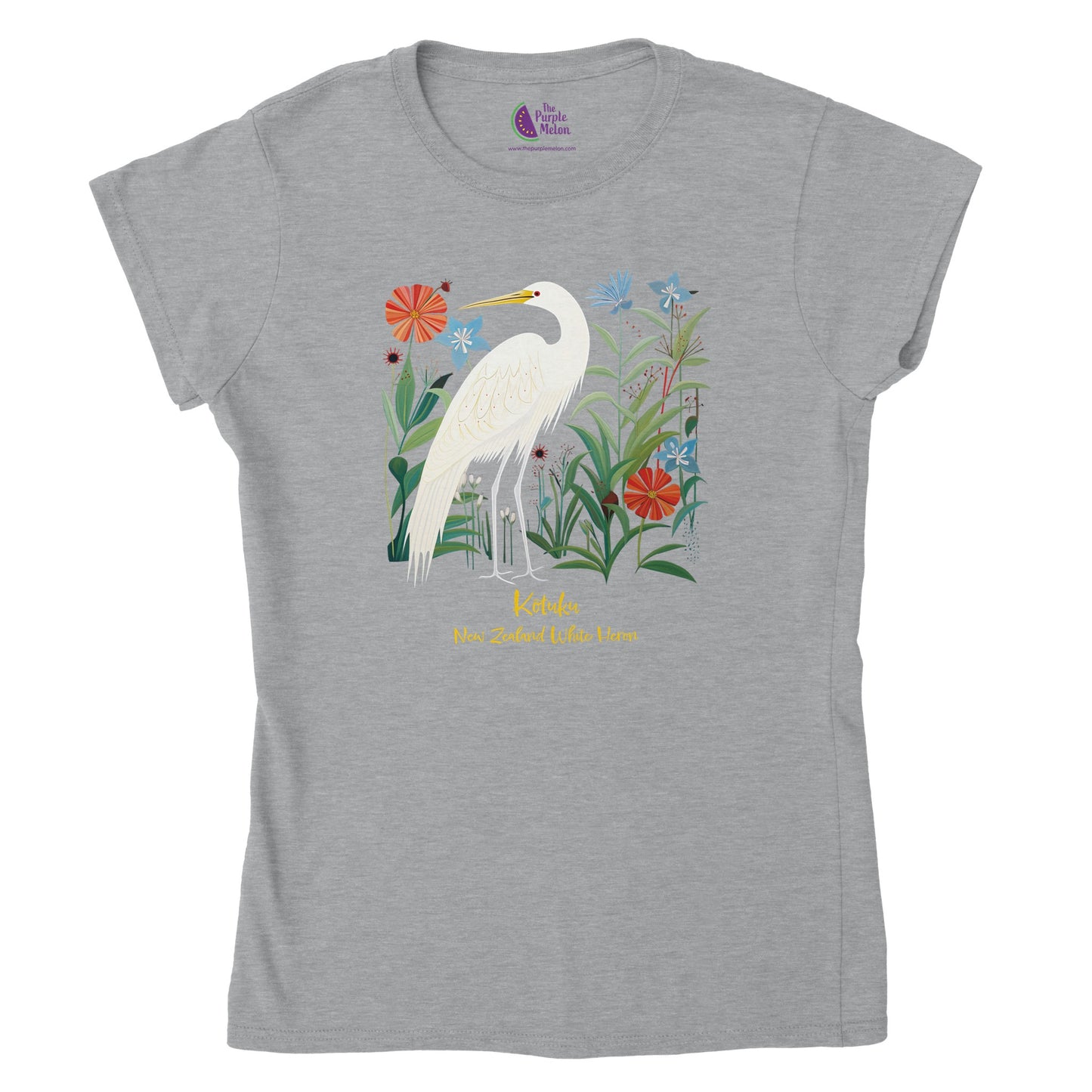 Sports Grey t-shirt with a New Zealand Kōtuku white heron print