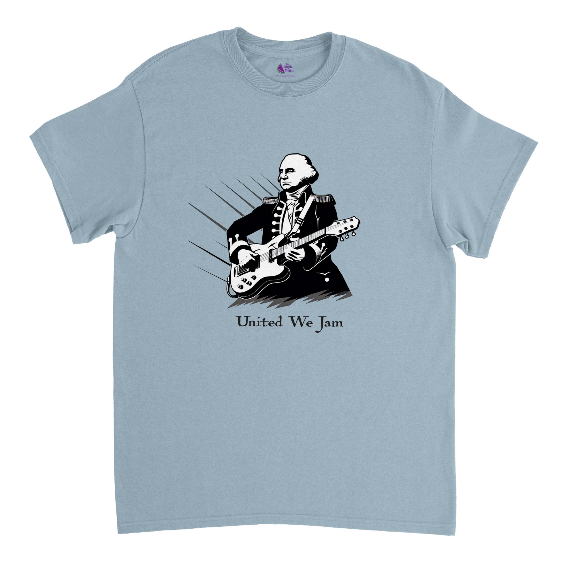 light blue t-shirt with print of George Washington playing the guitar and the caption United We Jam