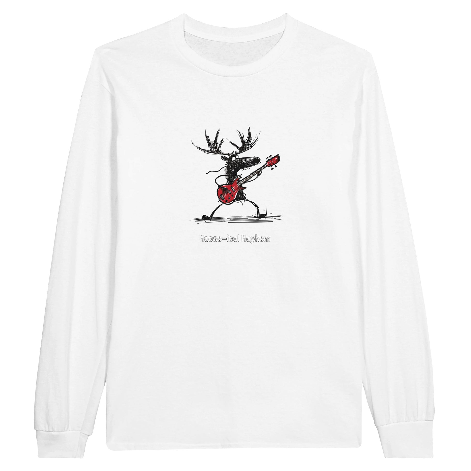 white long sleeve tee with a moose playing bass guitar with the caption moose-ical mayhem