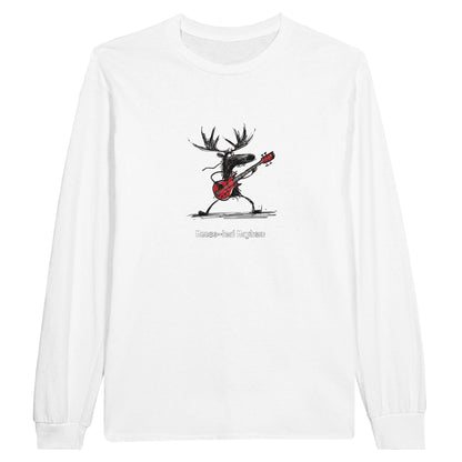 white long sleeve tee with a moose playing bass guitar with the caption moose-ical mayhem