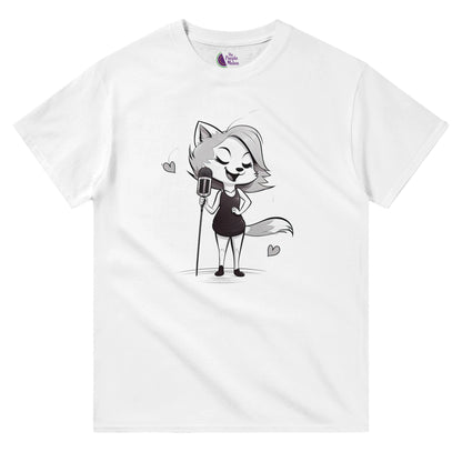 white t-shirt with a cute singing fox print