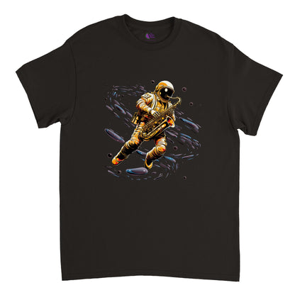 black t-shirt with a saxophone playing spaceman print