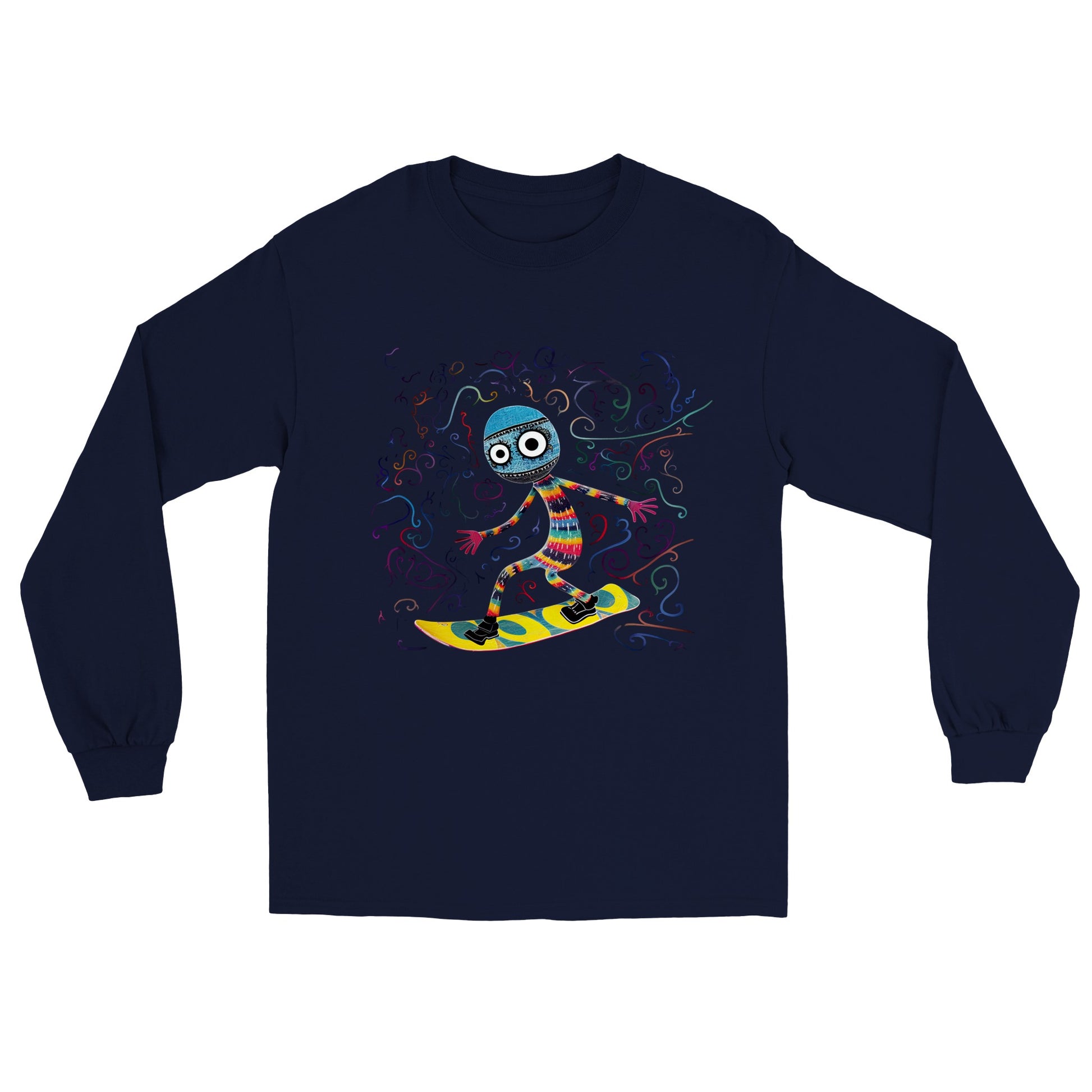 navy blue long sleeve t-shirt with an abstract snowboarder print