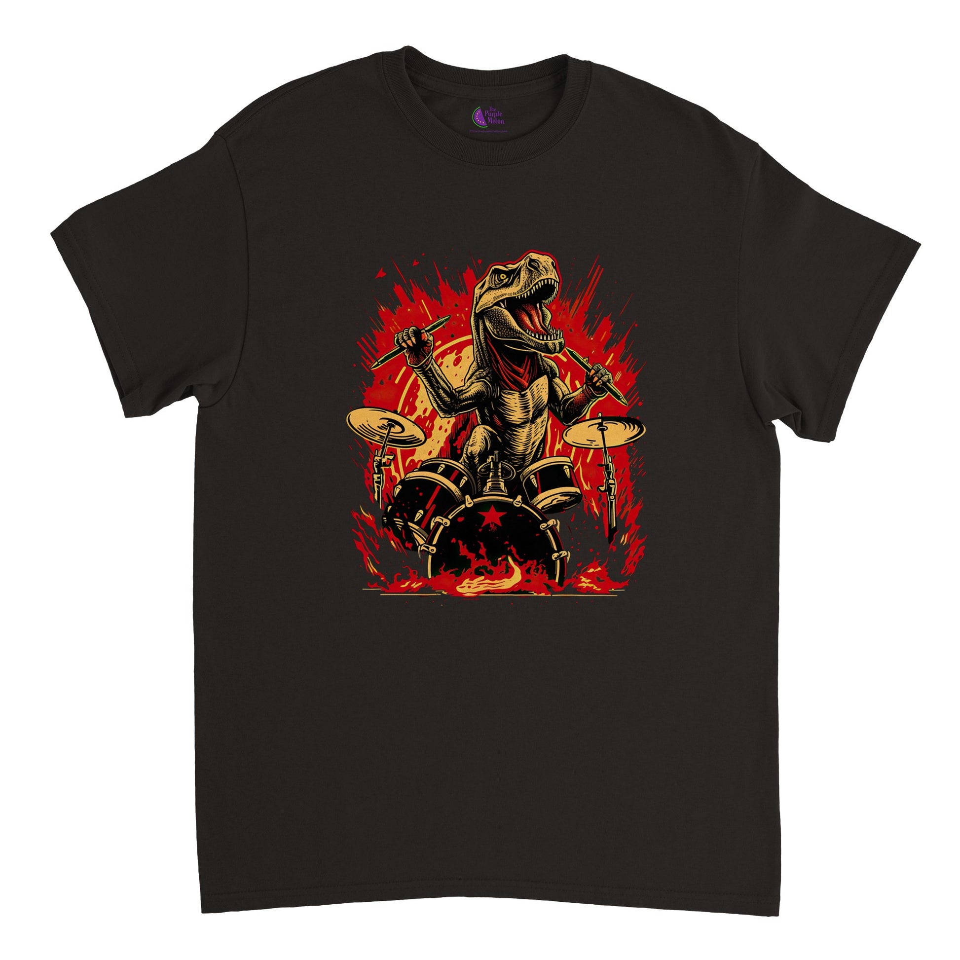 Black t-shirt with t-rex drummer print