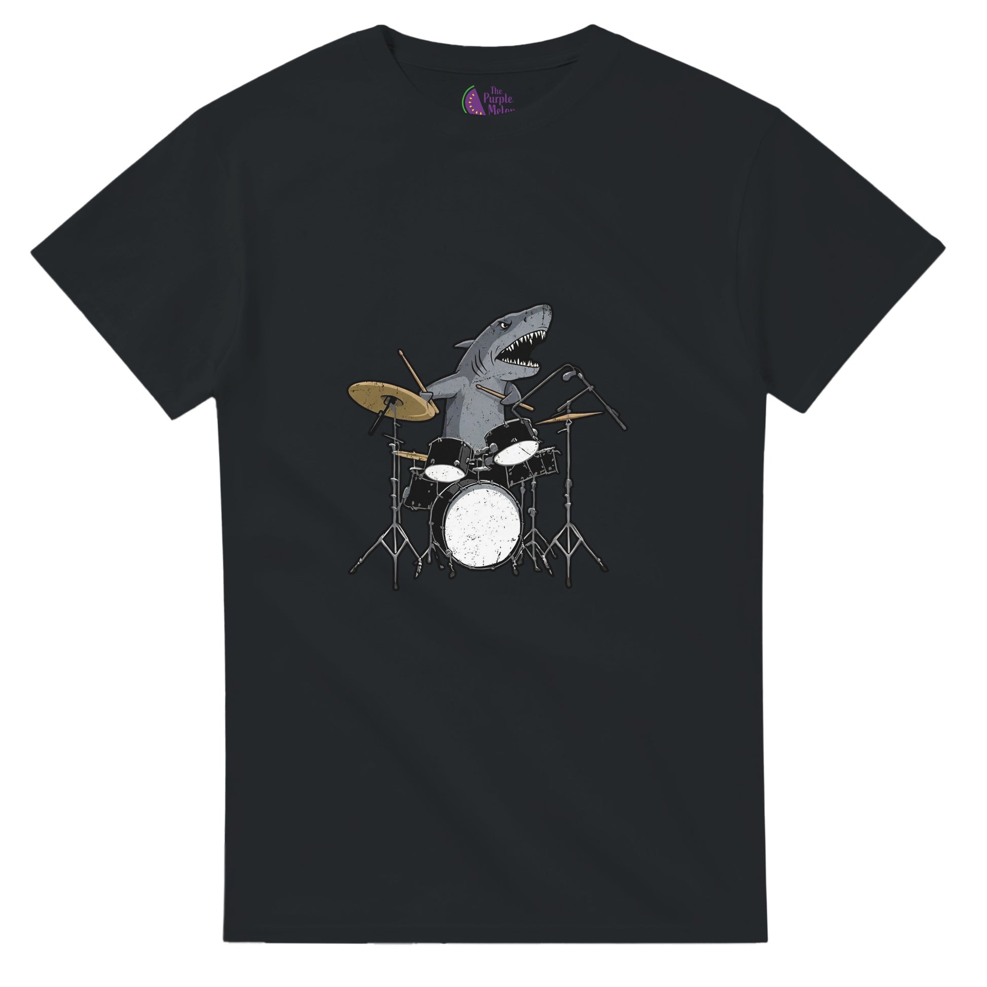 Black unisex T-shirt featuring a shark playing a full drum kit with microphones and cymbals, displayed on a plain background
