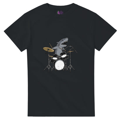 Black unisex T-shirt featuring a shark playing a full drum kit with microphones and cymbals, displayed on a plain background