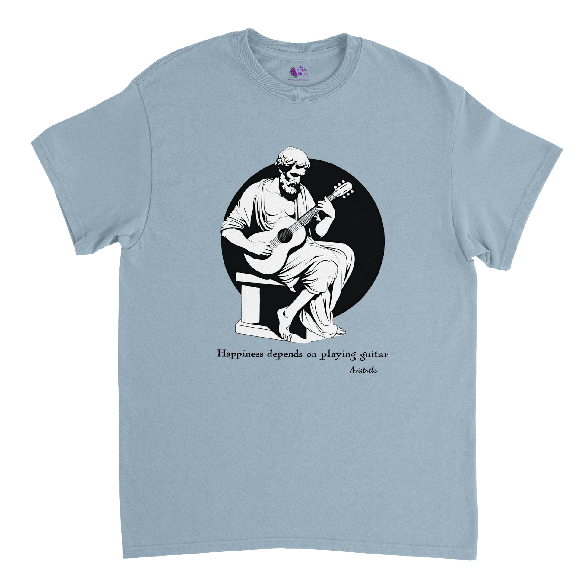 a light blue t-shirt with a print of Aristotle playing a guitar and the caption Happiness depends on playing guitar