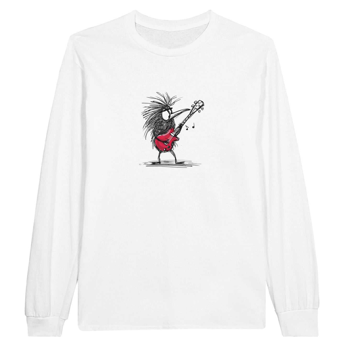 white long sleeve t-shirt with a kiwi playing the guitar sketch style print