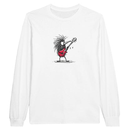 white long sleeve t-shirt with a kiwi playing the guitar sketch style print