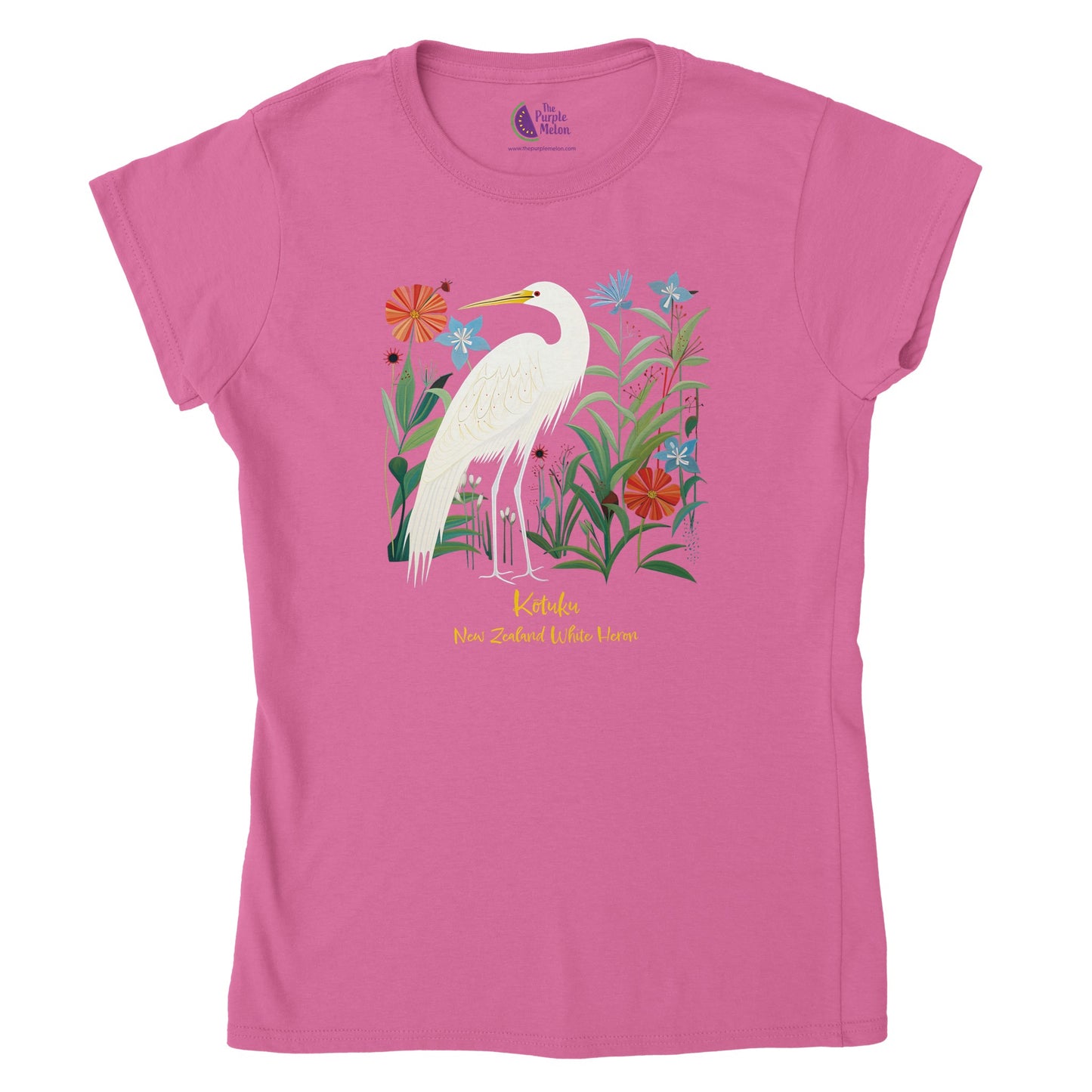 Azalea t-shirt with a New Zealand Kōtuku white heron print