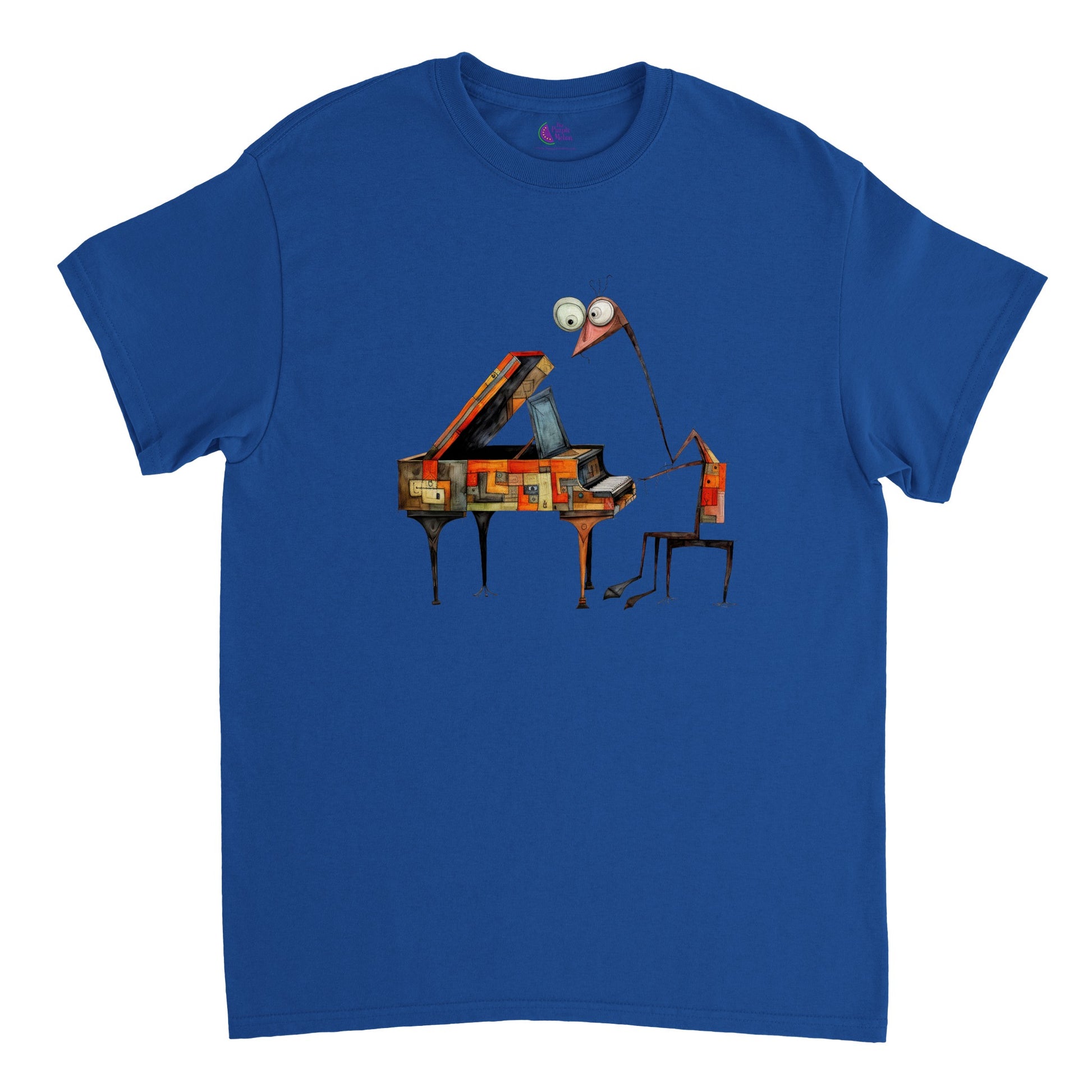 royal blue t-shirt with an abstract giraffe pianist print