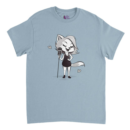 light blue t-shirt with a cute singing fox print
