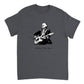 dark heather t-shirt with print of George Washington playing the guitar and the caption United We Jam