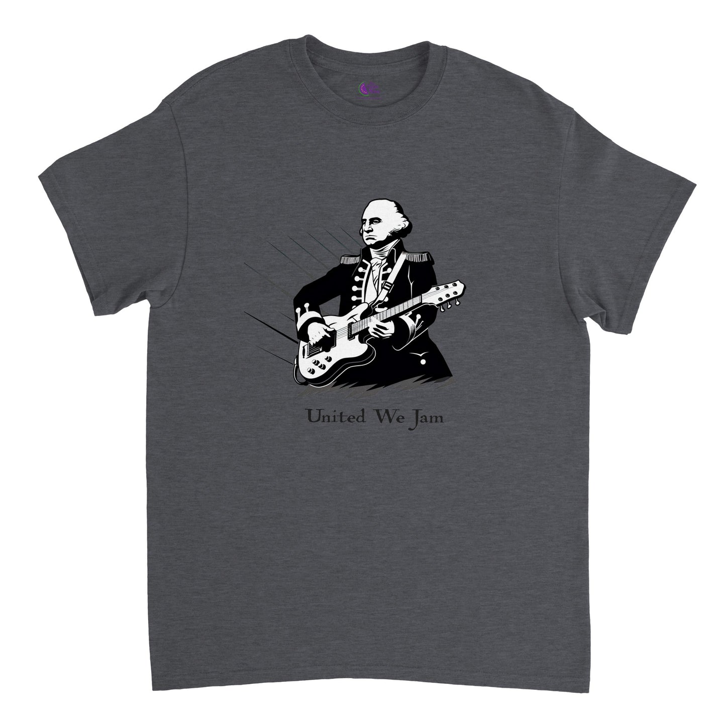 dark heather t-shirt with print of George Washington playing the guitar and the caption United We Jam