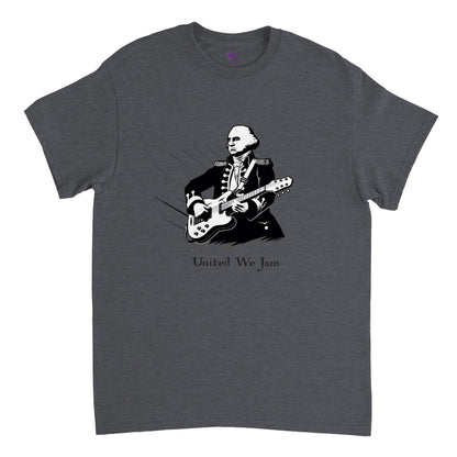 dark heather t-shirt with print of George Washington playing the guitar and the caption United We Jam