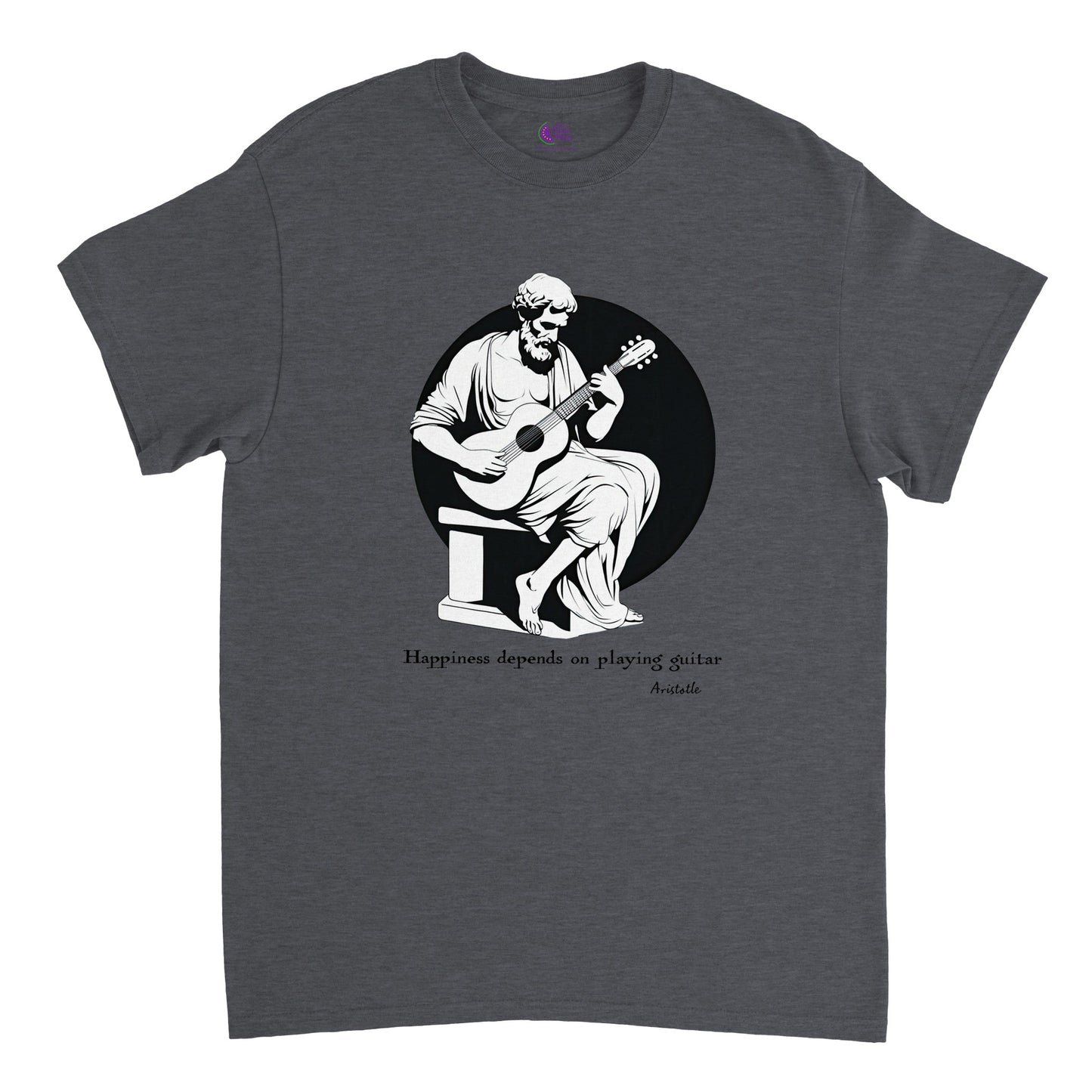 a dark heather t-shirt with a print of Aristotle playing a guitar and the caption Happiness depends on playing guitar