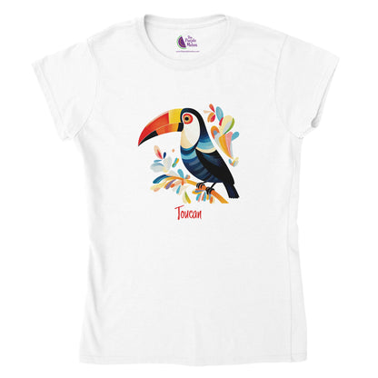 white t-shirt with a toucan print