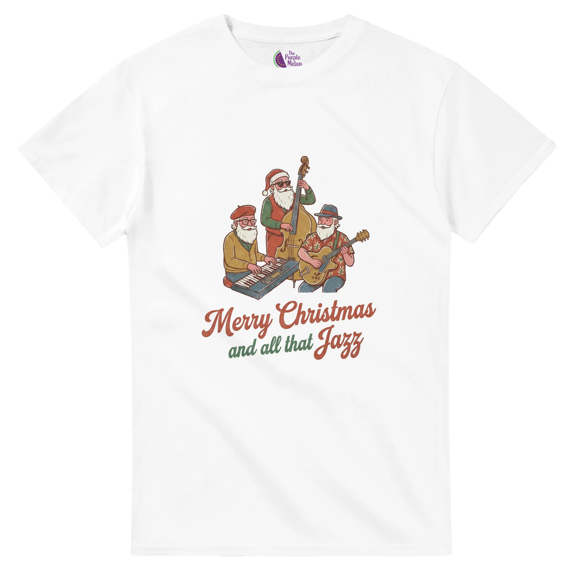 Vintage Santa jazz band illustration on a heavyweight unisex Christmas T-shirt