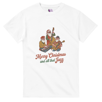 Vintage Santa jazz band illustration on a heavyweight unisex Christmas T-shirt