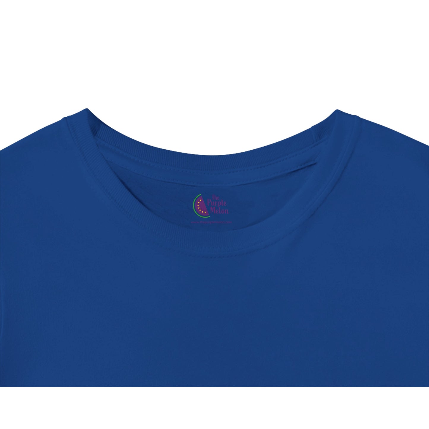 t-shirt neck label with The Purple Melon logo