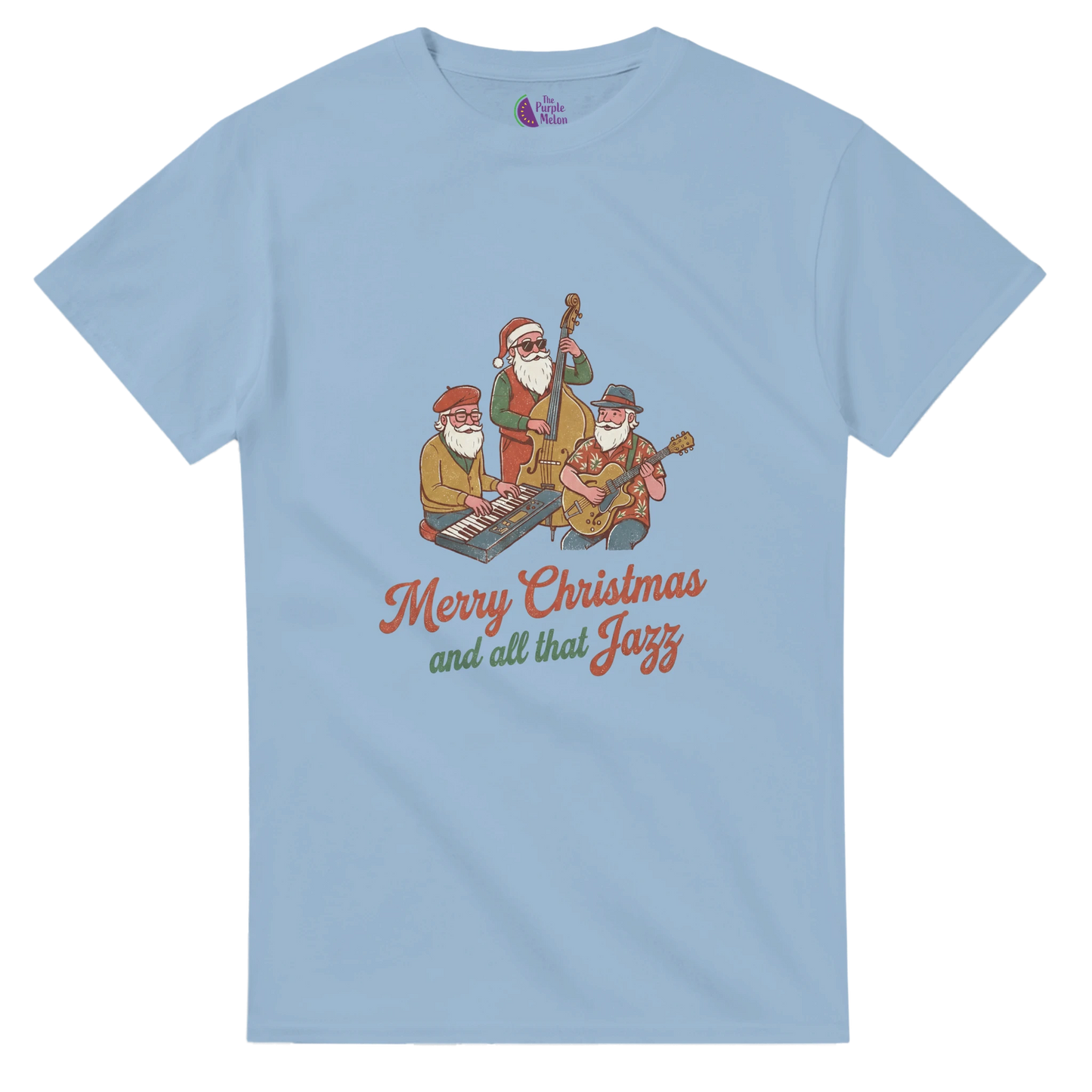 Three Santas playing keyboard, double bass and guitar on a retro Christmas T-shirt