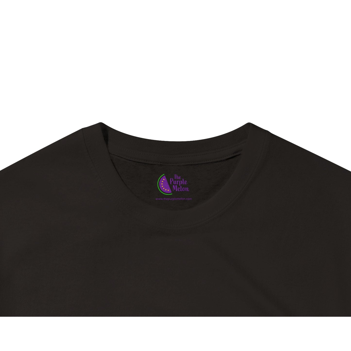 black t-shirt with the purple melon logo neck label
