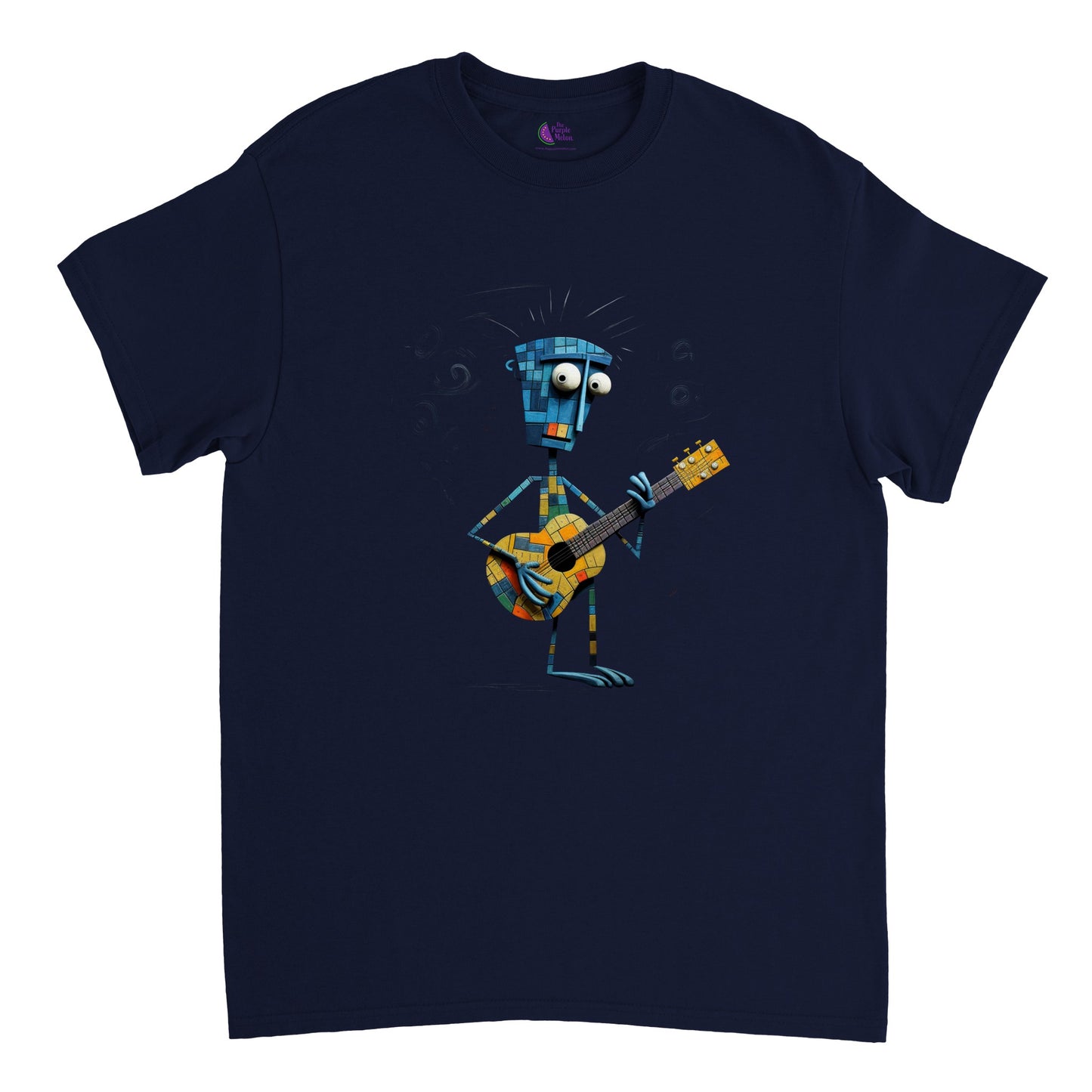 navy blue t-shirt with an abstract character playing guitar print