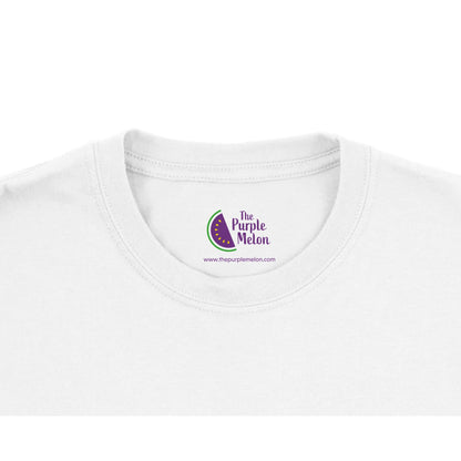 white t-shirt neck label with The Purple Melon logo
