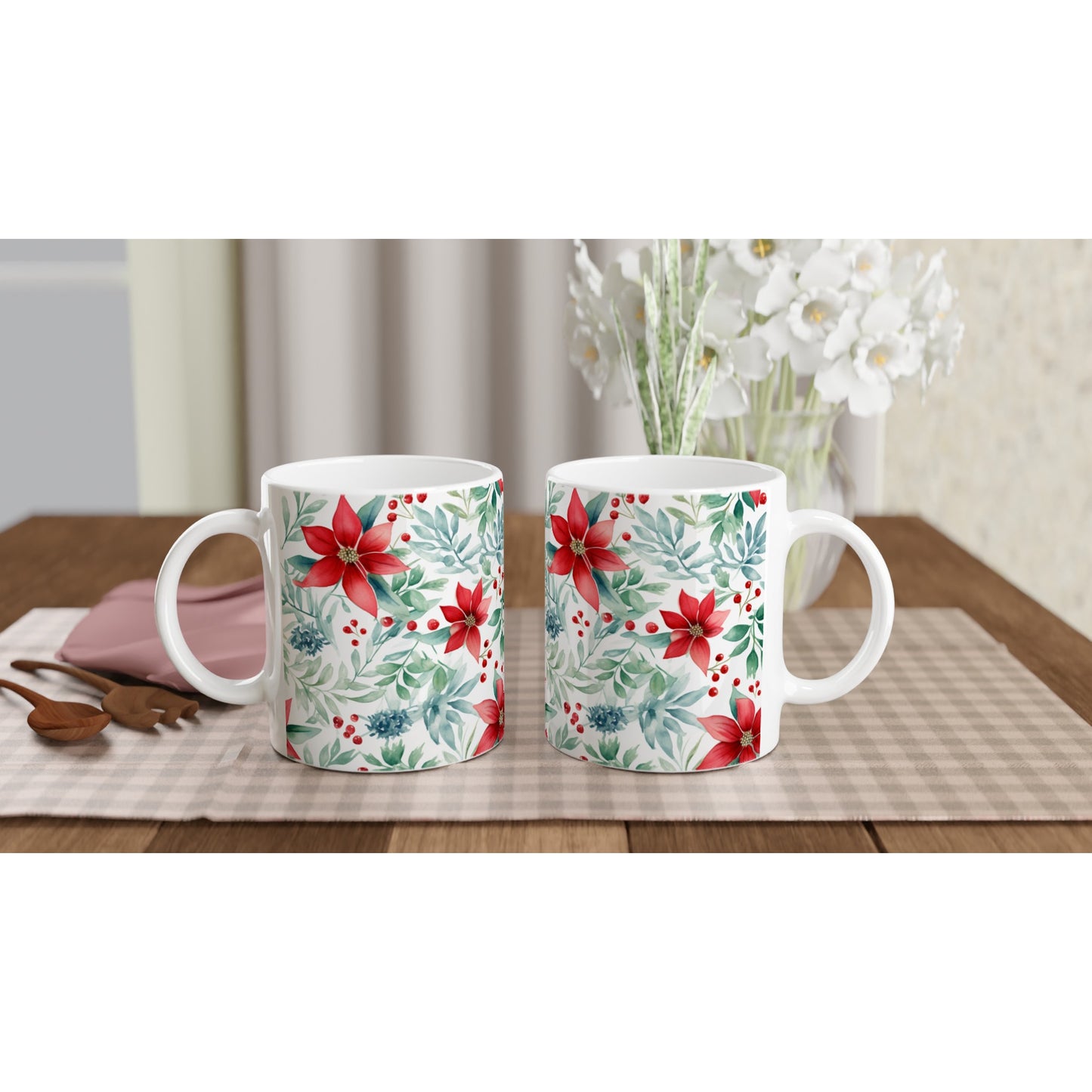 Joyful Sips: 11oz Ceramic Mug with Watercolor Christmas Poinsettia Flowers Print