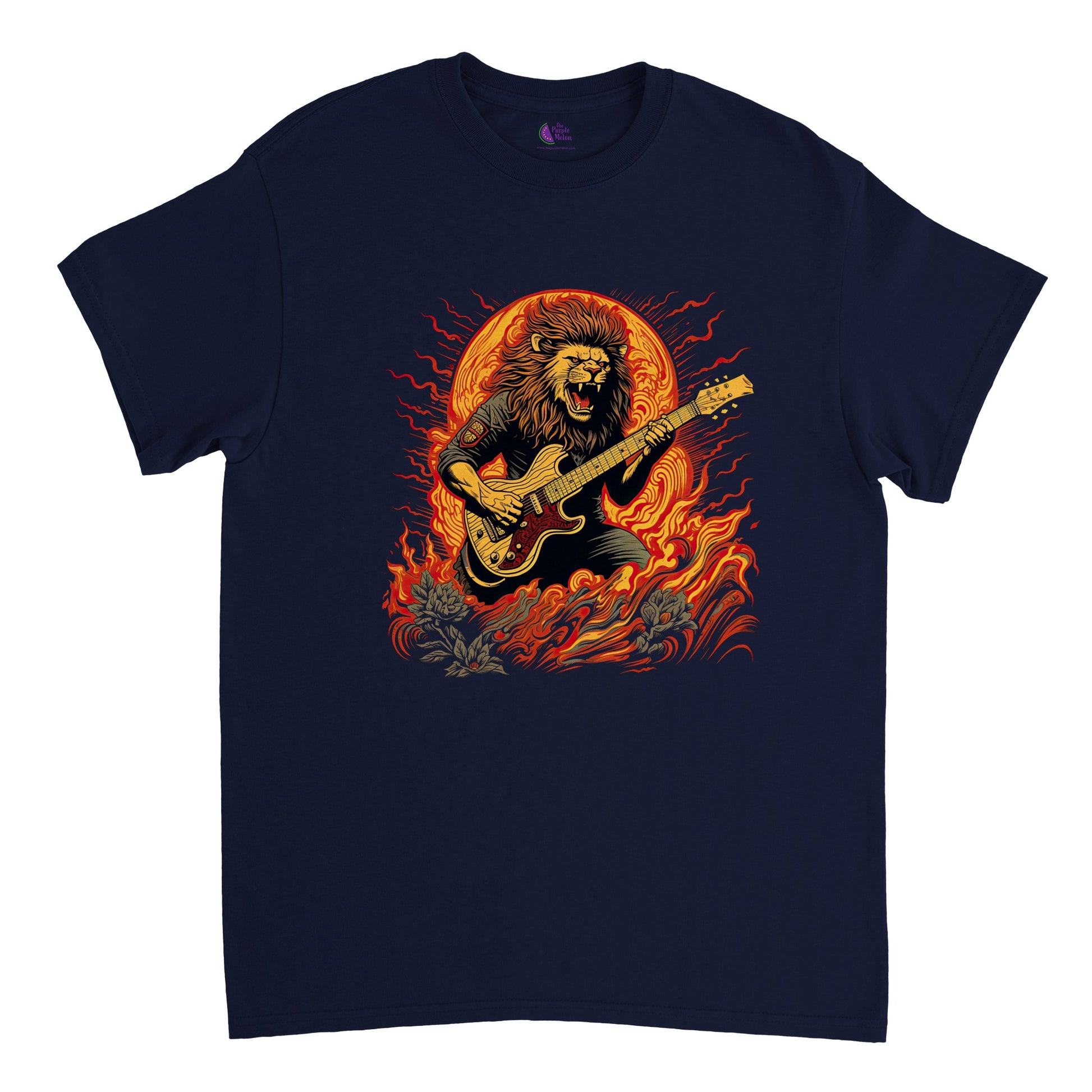 Navy blue t-shirt with a lion playing guitar print