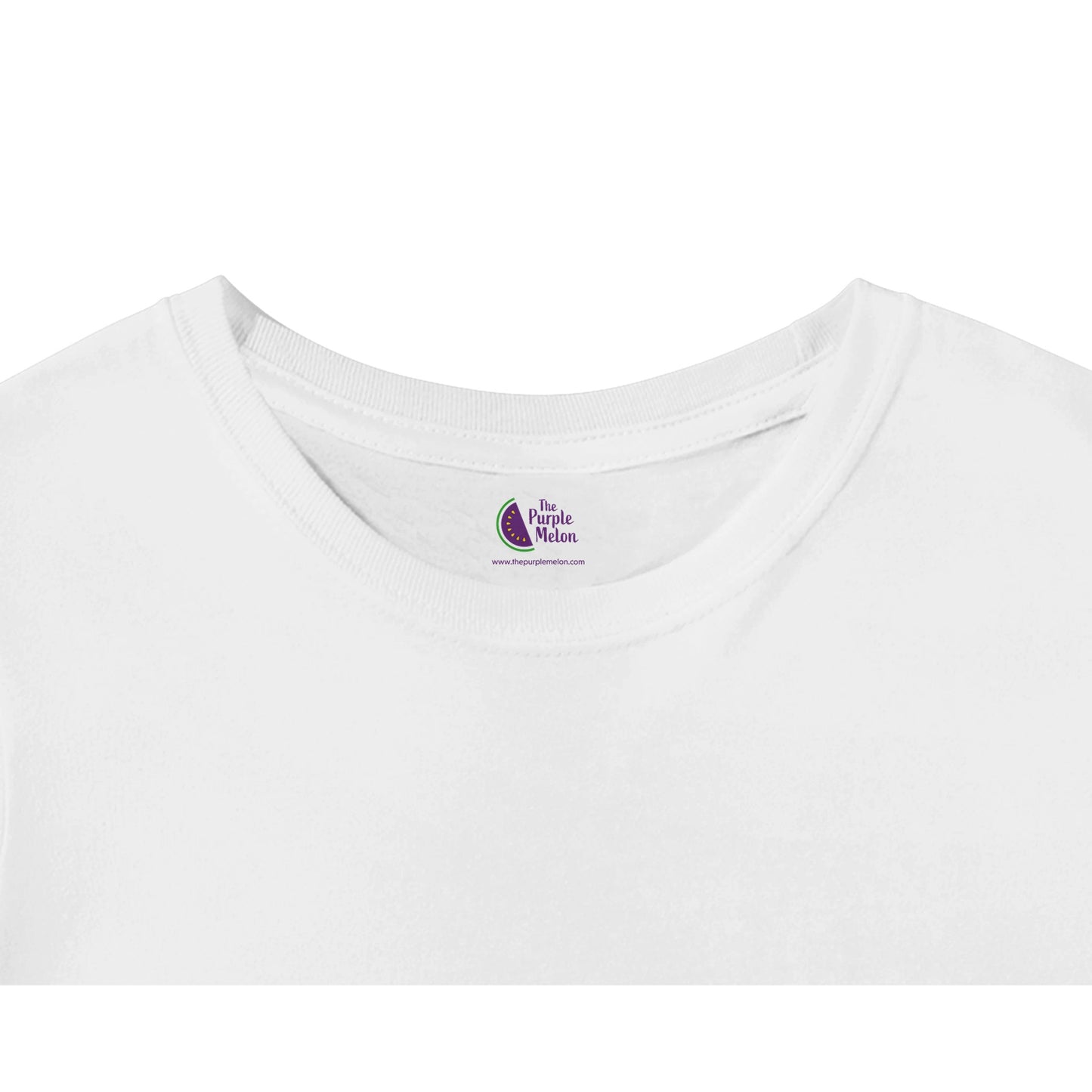 white t-shirt neck label with the purple melon logo
