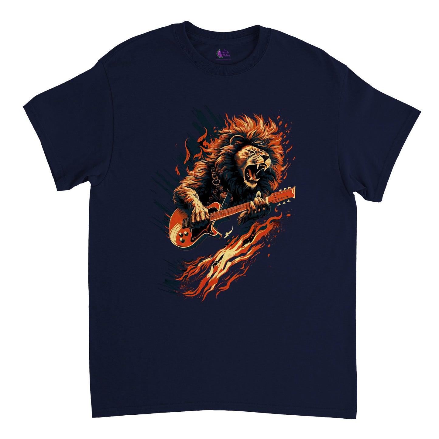 Navy blue t-shirt with flaming lion playing guitar print