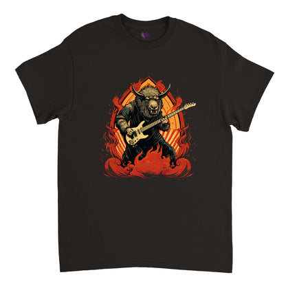 black t-shirt with bison playing bass guitar print