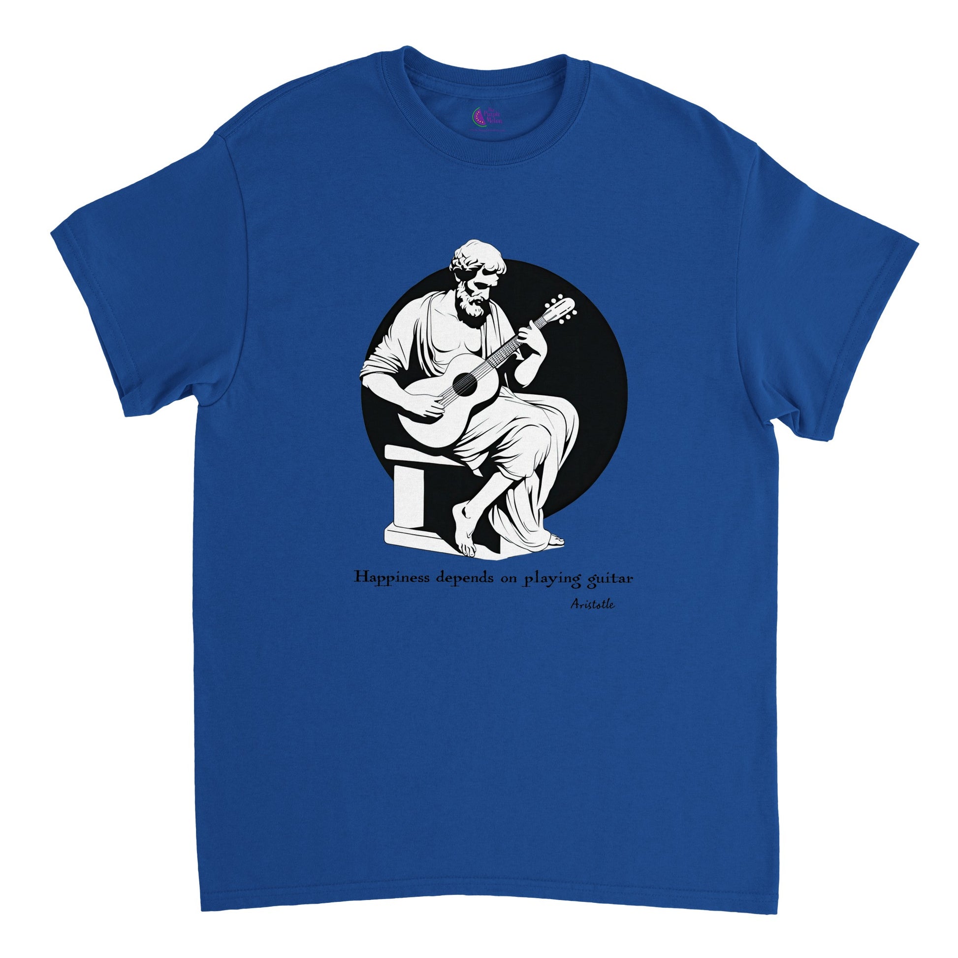 a royal blue t-shirt with a print of Aristotle playing a guitar and the caption Happiness depends on playing guitar
