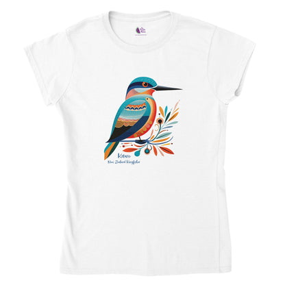 white t-shirt with a new zealand kingfisher kōtare print