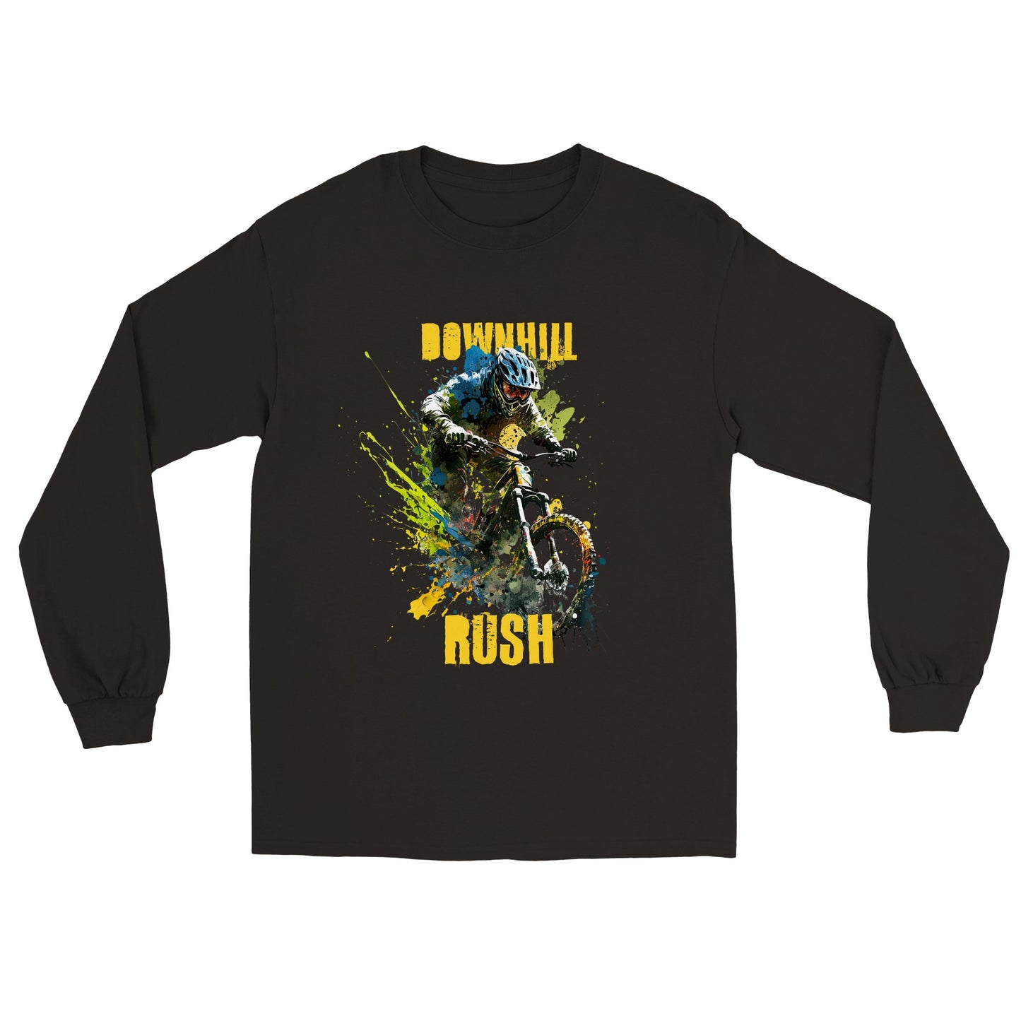 Black long sleeve t-shirt with Downhill Rush Mountain bike graphic