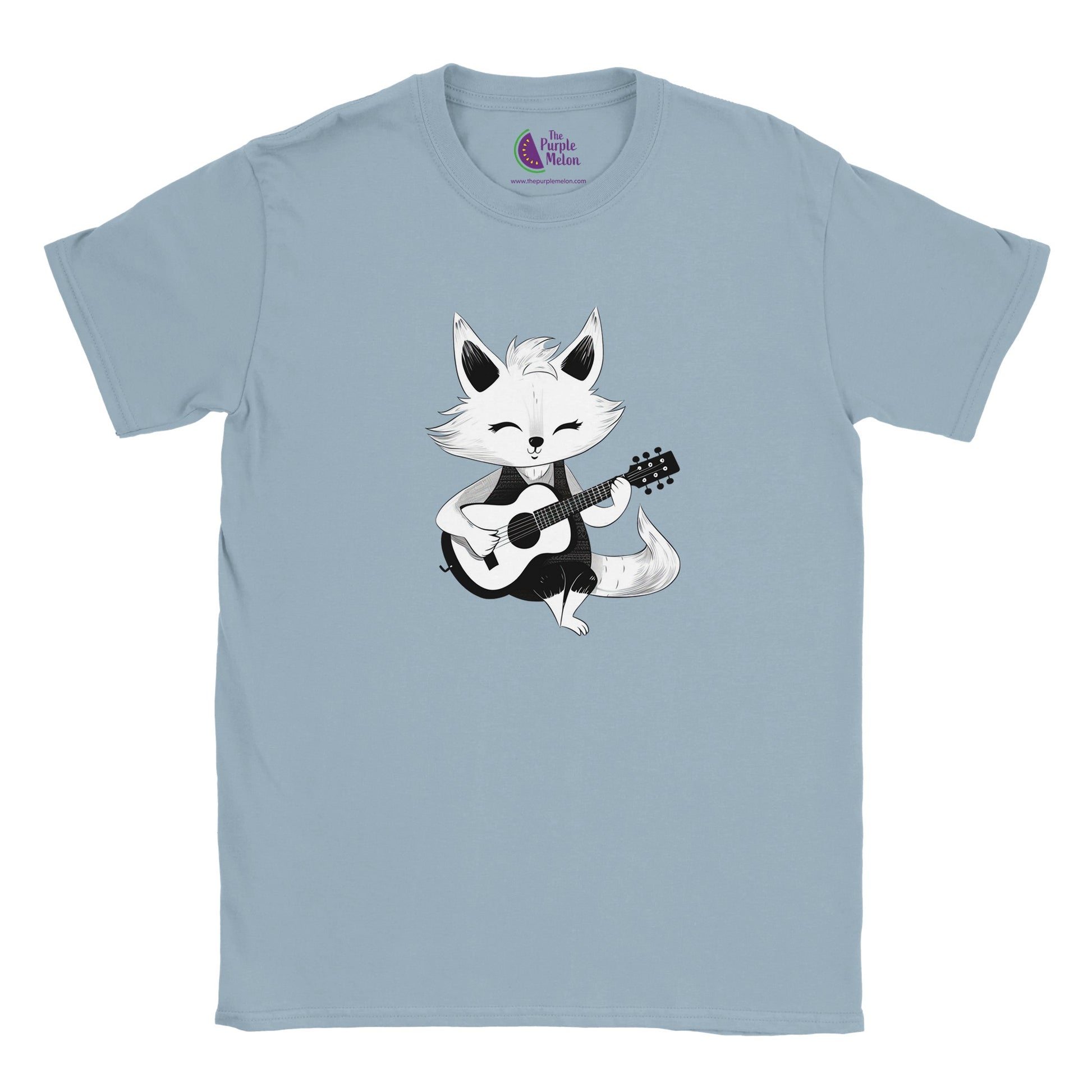 light blue kids t-shirt with cute fox playing guitar print