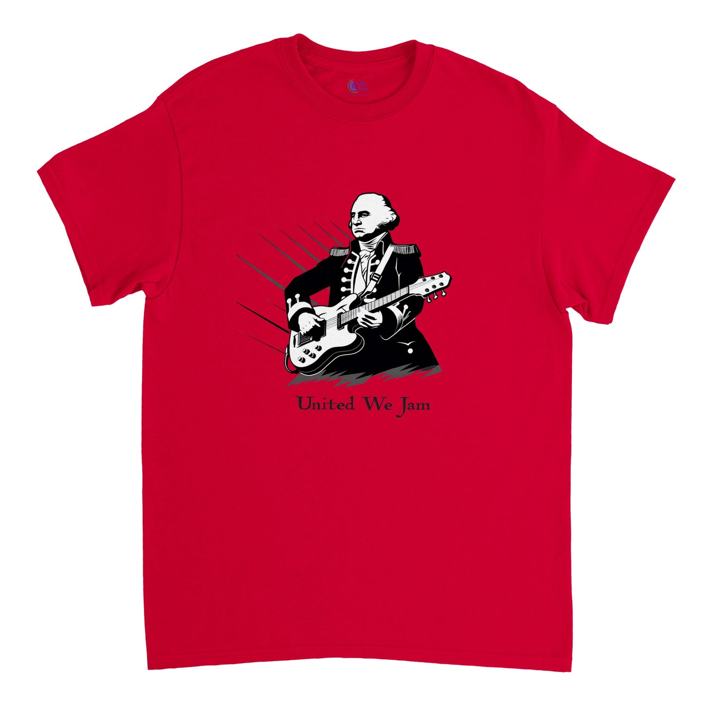 red t-shirt with print of George Washington playing the guitar and the caption United We Jam