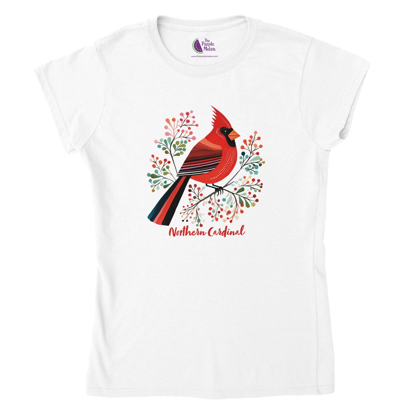 white t-shirt with a northern cardinal print